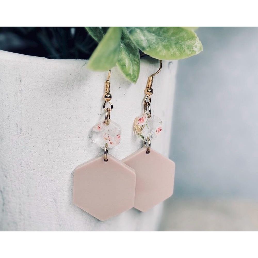 Floral Country Chic Acrylic Earrings/Blushing Bloom Collection/Hexagon Style