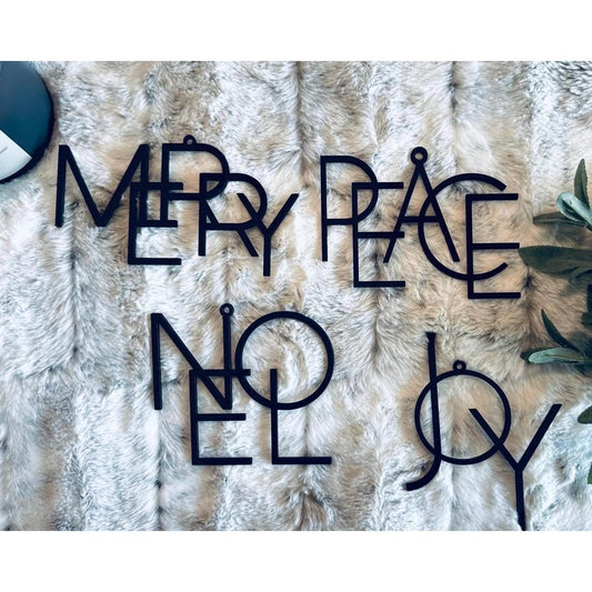 Matte Black Christmas Ornament Set/Merry Noel Joy Peace/Modern Christmas